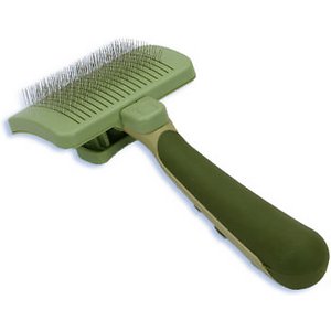 The Safari Slicker Brush for Border Collies with a self-cleaning feature